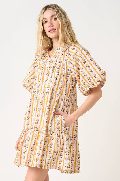 FLORAL STRIPE PRINT TIERED MINI SHIRT DRESS