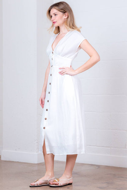PD20378T-LINEN PLUNGE BUTTON DOWN  A-LINE MIDI DRESS