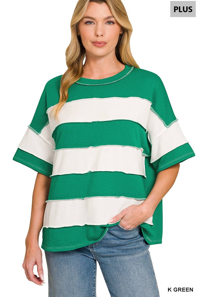 Plus French Terry Striped Exposed Seam Top - Zenana