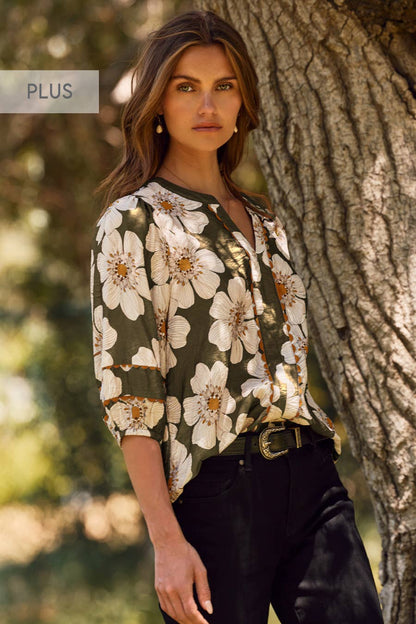 Plus Floral Printed 3/4 Sleeve Blouse