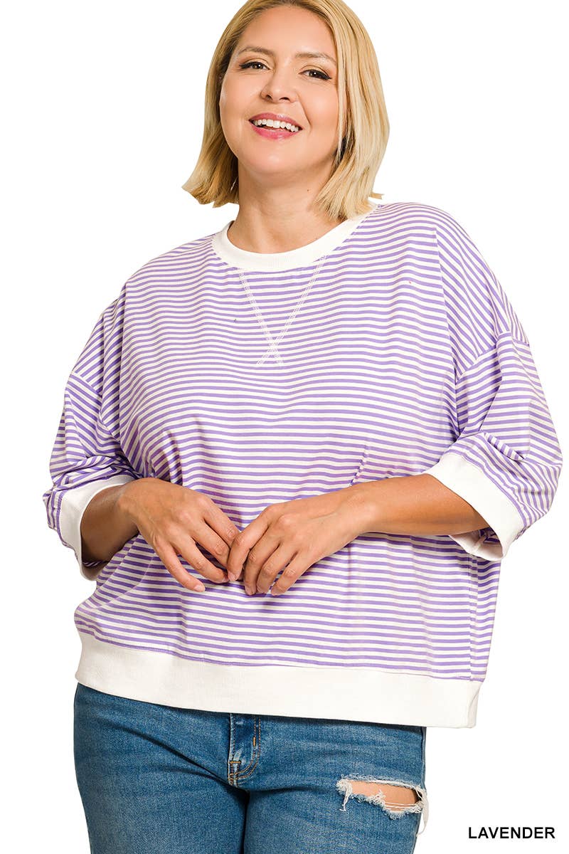 Plus Striped Rib Banded Short Sleeve Pullover