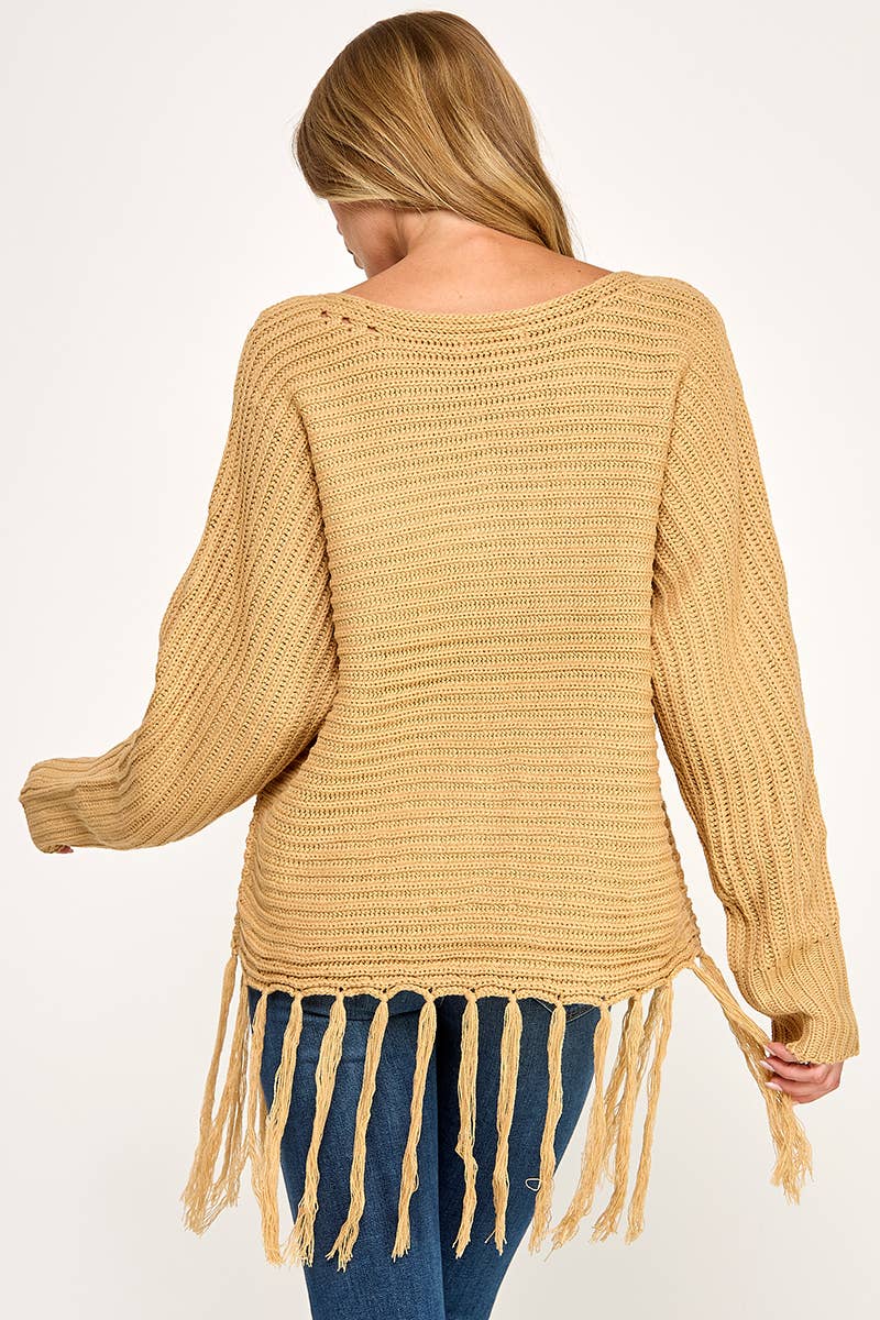 IT3453 - LONG SLEEVE SOLID BOAT NECK SWEATER WITH FRINGE