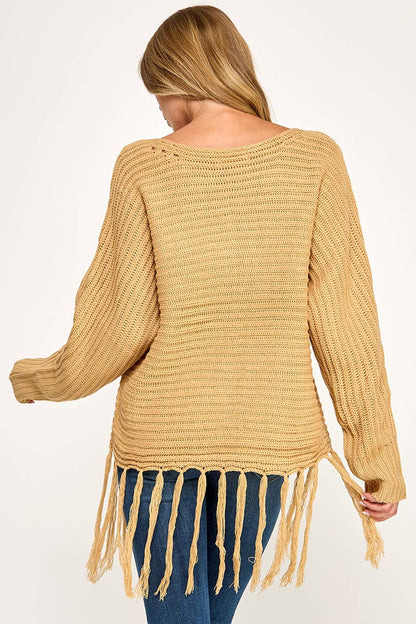 IT3453 - LONG SLEEVE SOLID BOAT NECK SWEATER WITH FRINGE