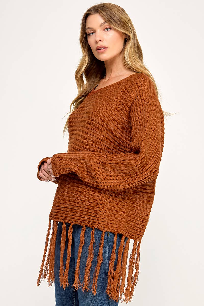 IT3453 - LONG SLEEVE SOLID BOAT NECK SWEATER WITH FRINGE