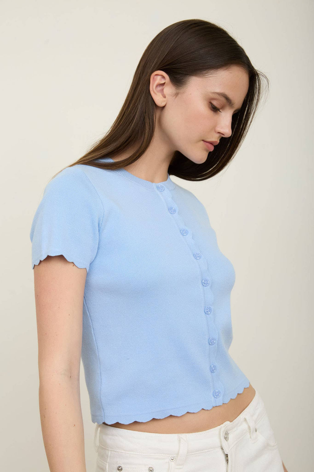 SCALLOPED SHORT SLEEVE BUTTON DOWN KNIT CARDIGAN
