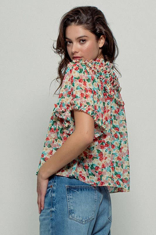 Aurora of Ruffle Short Sleeve Blouse: CORAL/GREEN / S-M-L(2-2-2)