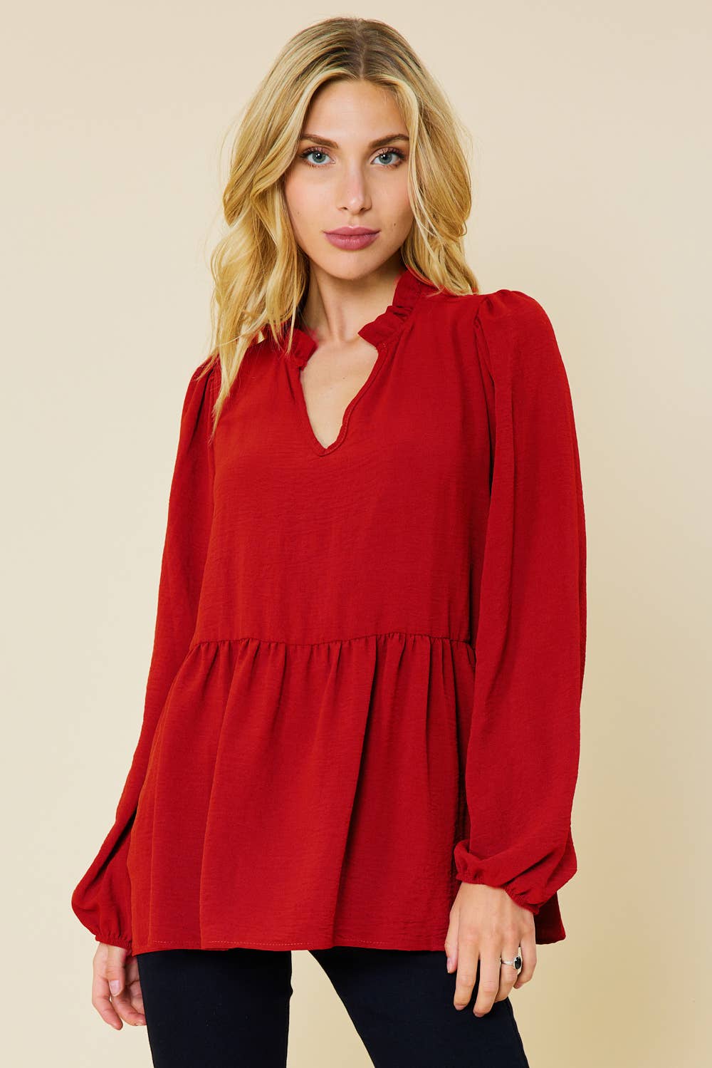 ST3073-A - SOLID LONG SLEEVE PEPLUM  TOP WITH RUFFLE COLLAR