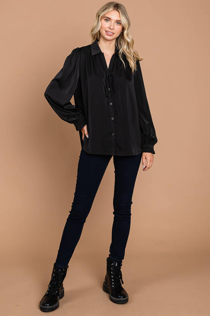 64669W-Soft Satin Button Down Front Shirts