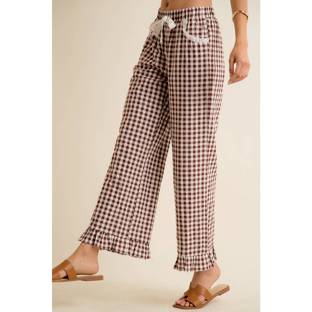 GINGHAM LACE RUFFLED PULL ON PANTS