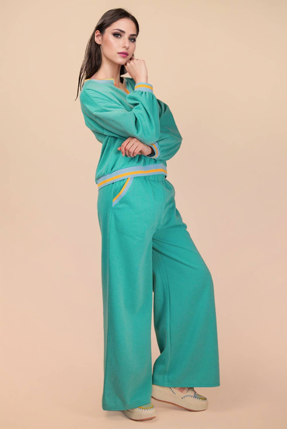 NT12382SET-Color Block Band Detail Comfy Knit Top & Pants Set