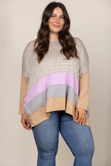 TAUPE STRIPE COLOR BLOCK CONTRAST OVERSIZE PLUS SIZE TOP