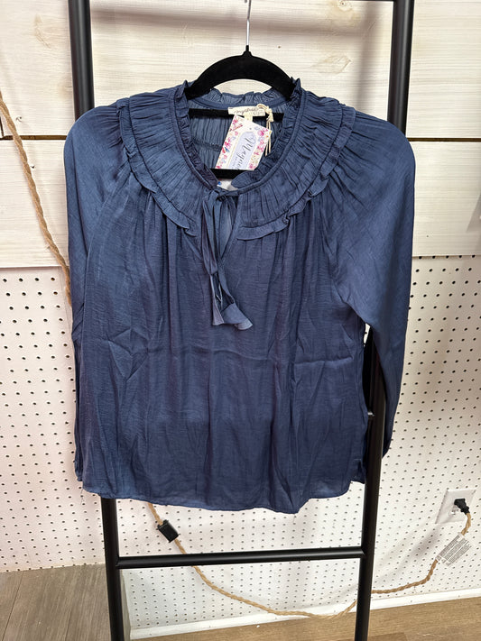 RUFFLED SATIN L/S BLOUSE