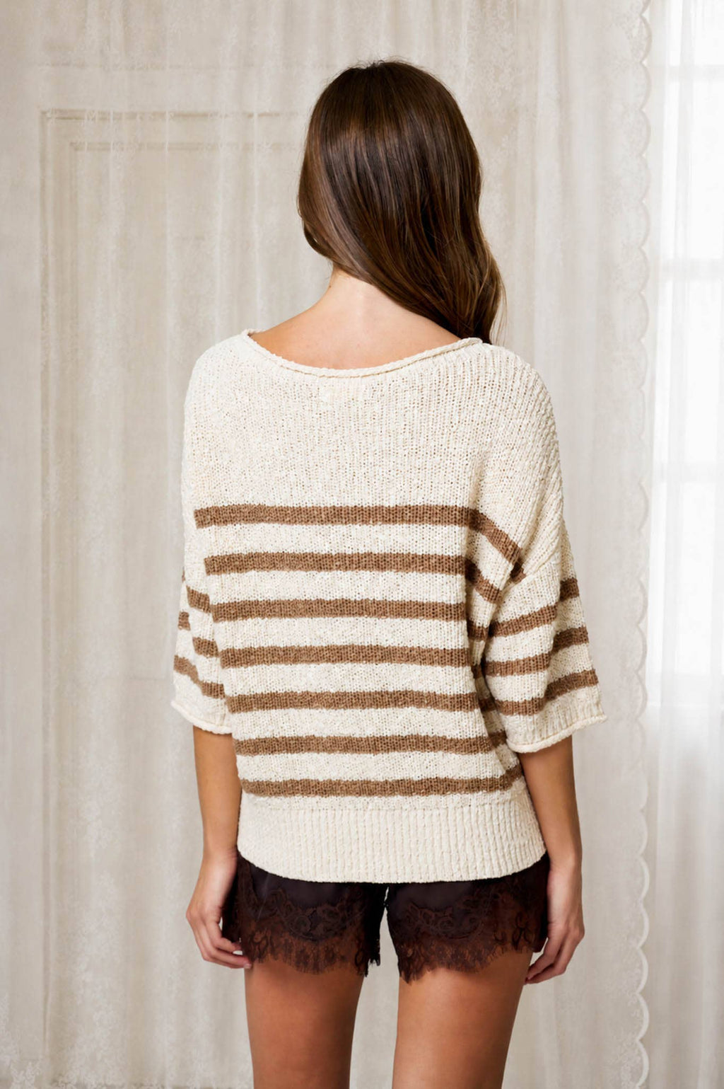 STRIPE TEXTURED KNIT HALF SLEEVE KNIT SWEATER