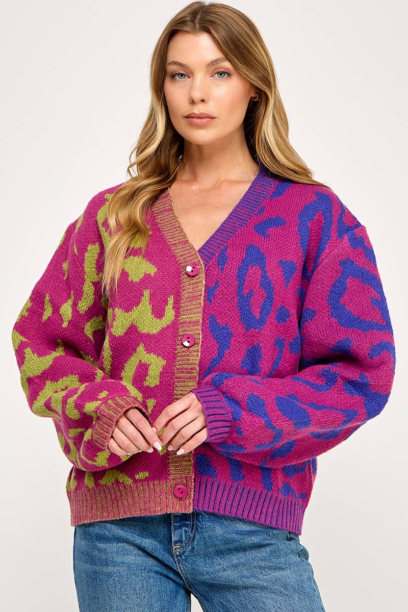 IJ1101 - LEOPARD COLOR BLOCK BUTTON DOWN SWEATER CARDIGAN