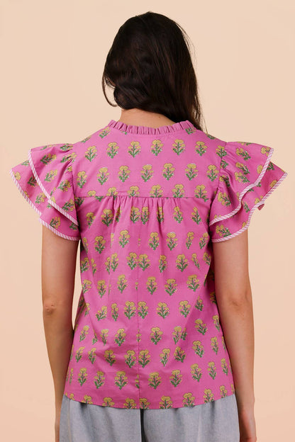 NT12444-Ruffle Sleeve Printed Woven Blouse Top
