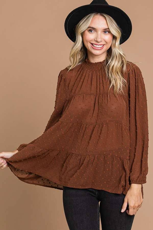CWT1887Q - SMOCK NECK TIERED 3/4 SLEEVE TOP