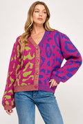 IJ1101 - LEOPARD COLOR BLOCK BUTTON DOWN SWEATER CARDIGAN