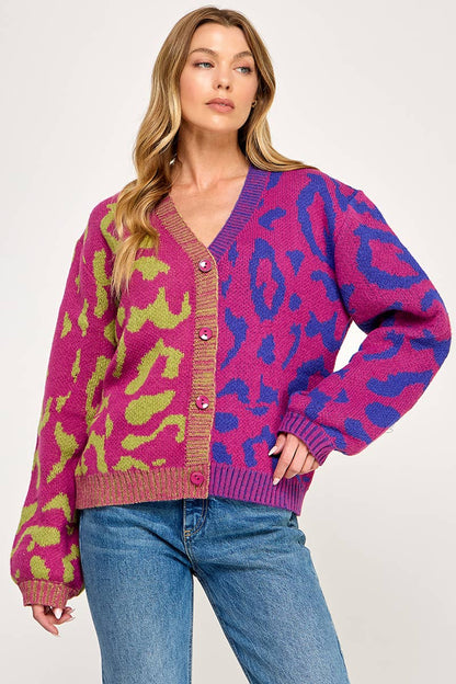 IJ1101 - LEOPARD COLOR BLOCK BUTTON DOWN SWEATER CARDIGAN