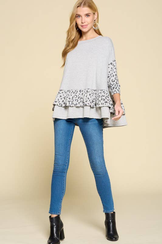 ETK-8345-PL Plus Size Animal Print Contrast Ruffle Hem Top