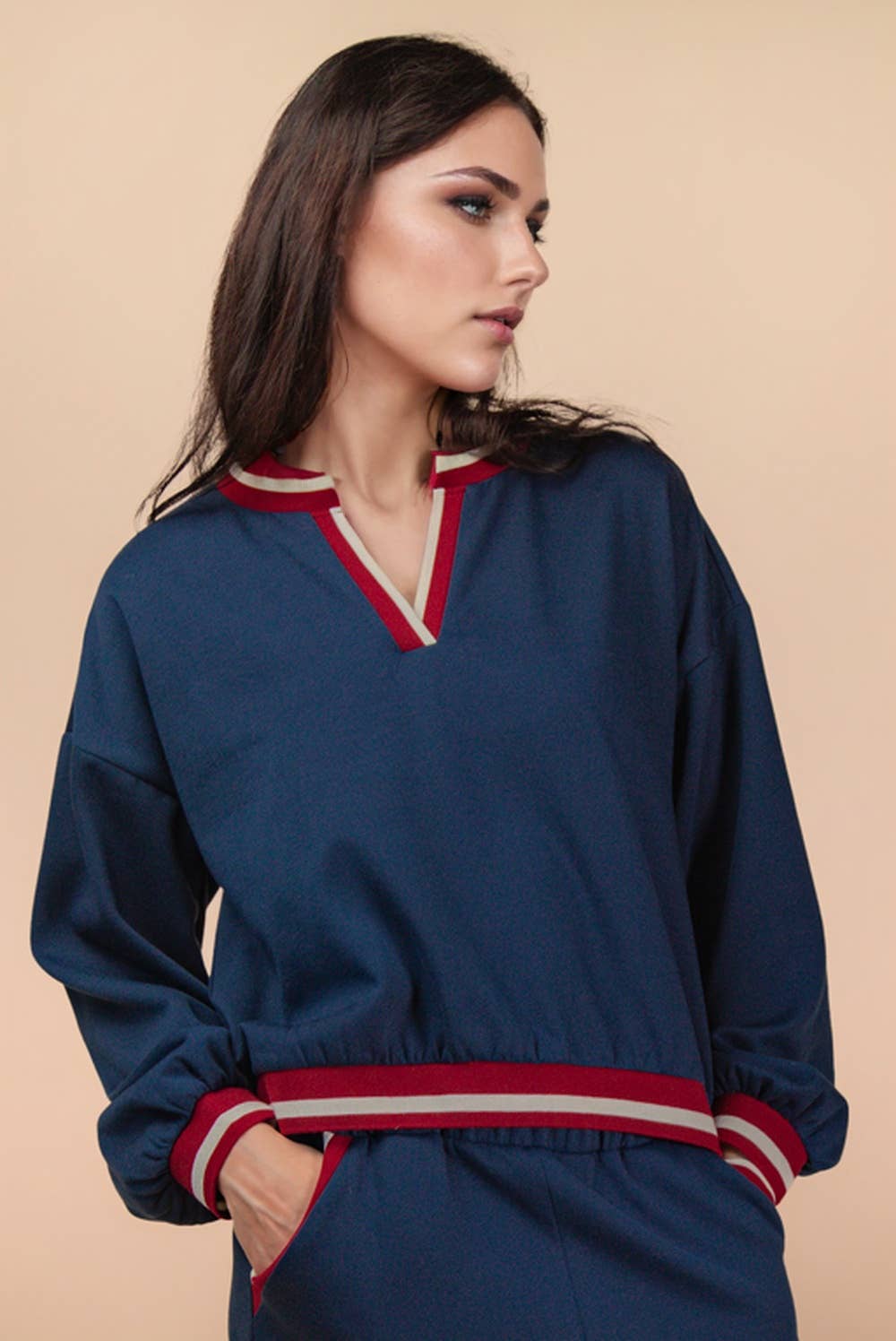 NT12382SET-Color Block Band Detail Comfy Knit Top & Pants Set