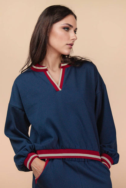 NT12382SET-Color Block Band Detail Comfy Knit Top & Pants Set