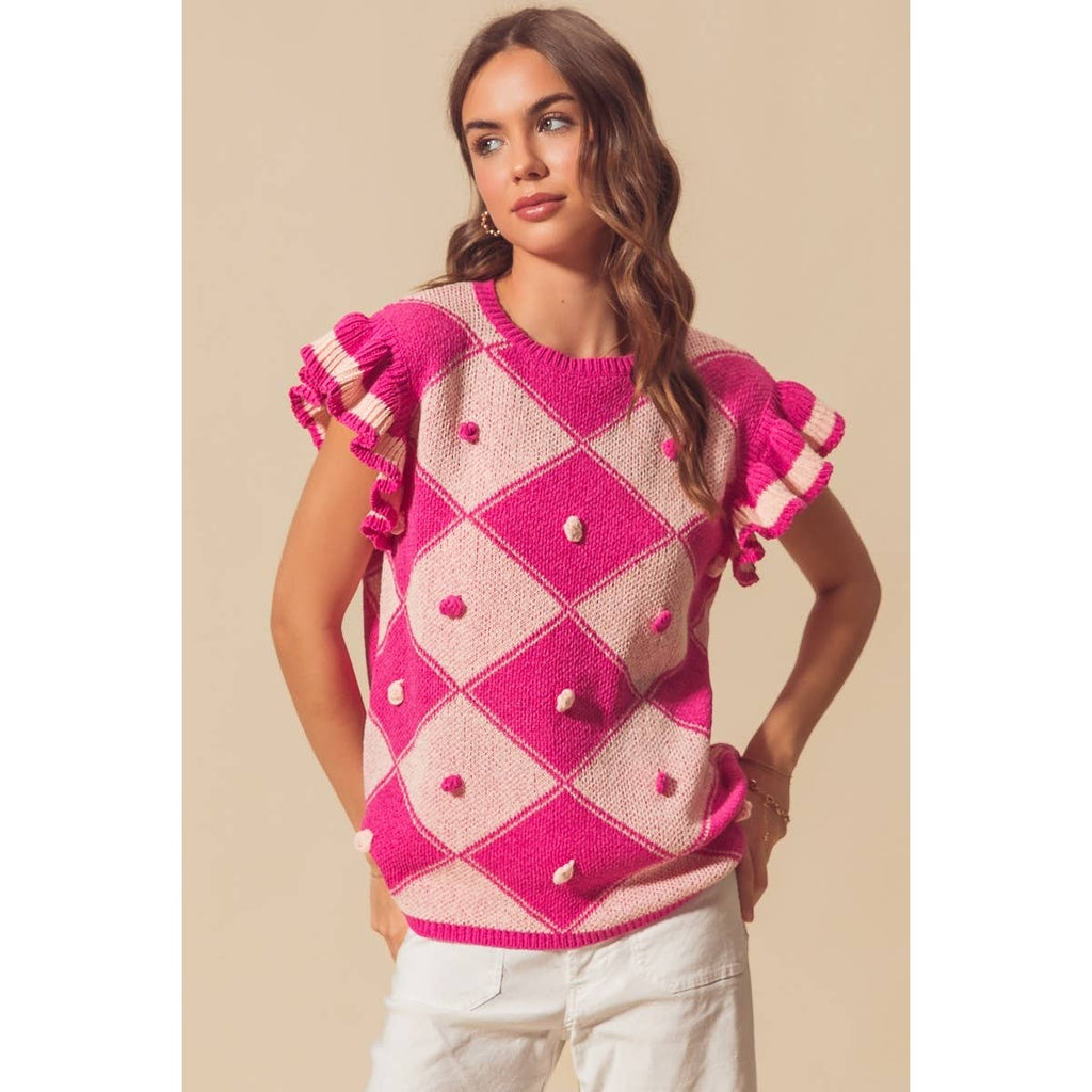 ARGYLE PATTER SWEATER TOP WITH RUFFLED SLEEVES
