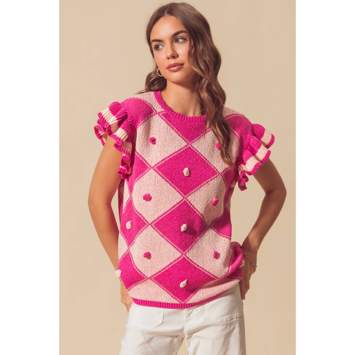 ARGYLE PATTER SWEATER TOP WITH RUFFLED SLEEVES