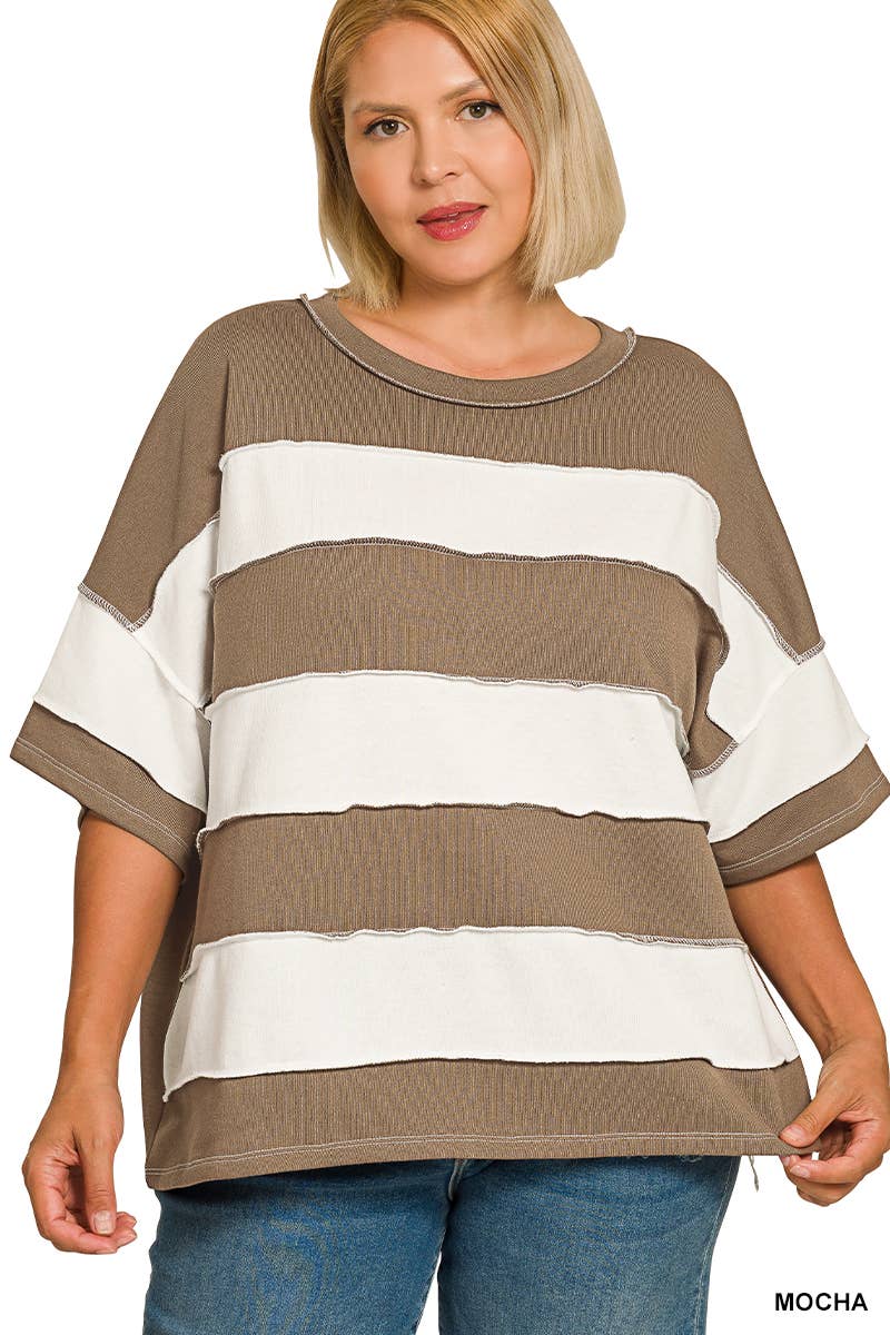 Plus French Terry Striped Exposed Seam Top - Zenana