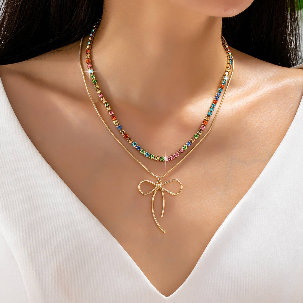 Rainbow Gemstone Bow Layered Necklace | 80N93283