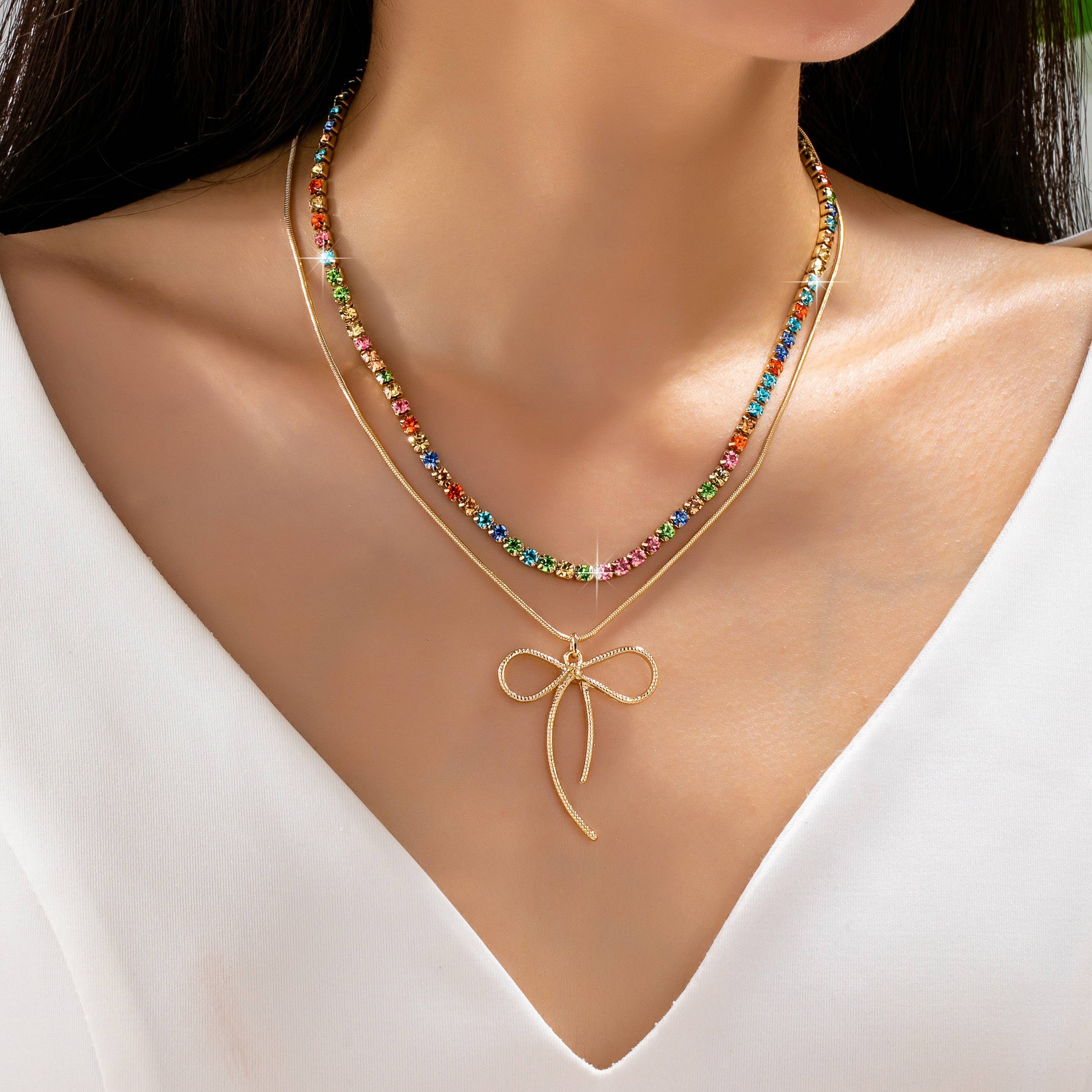Rainbow Gemstone Bow Layered Necklace | 80N93283
