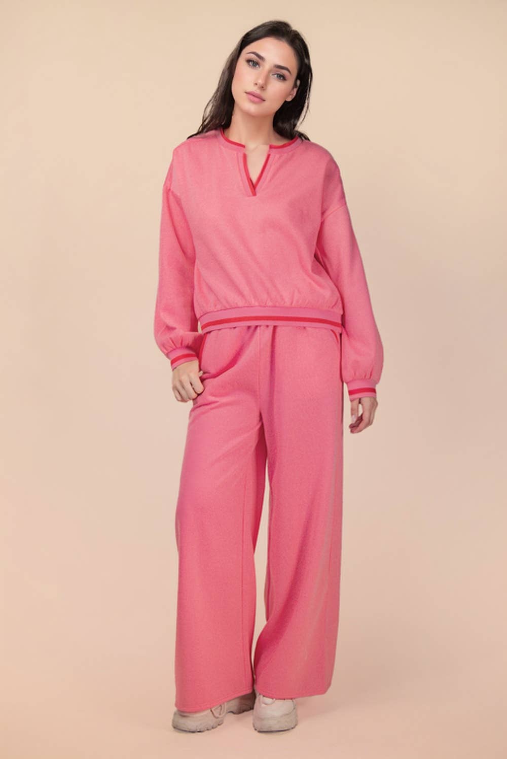 NT12382SET-Color Block Band Detail Comfy Knit Top & Pants Set