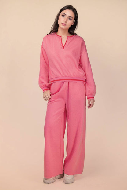 NT12382SET-Color Block Band Detail Comfy Knit Top & Pants Set