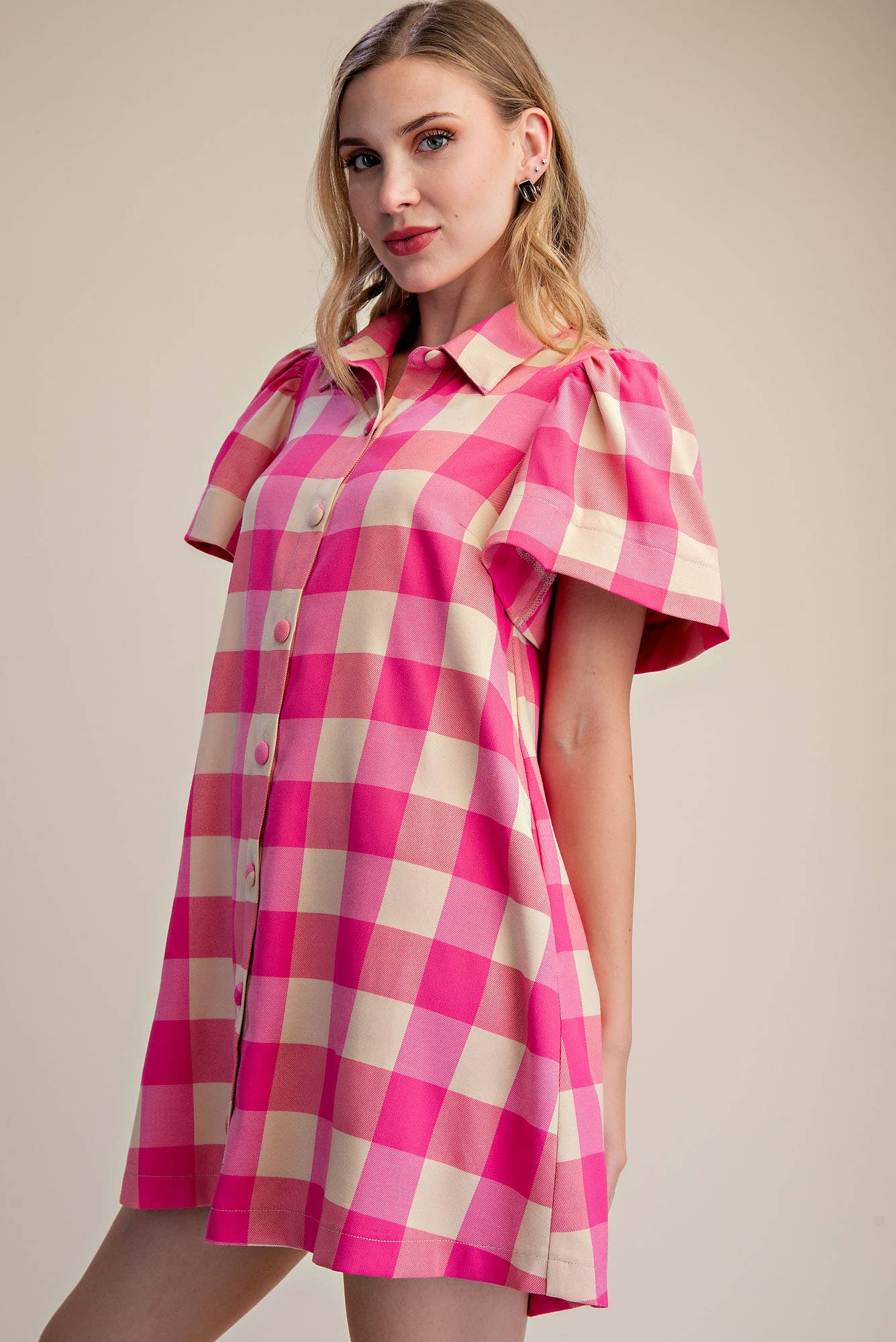 Checkered Mini Dress With Collar Neck Covered Button Down
