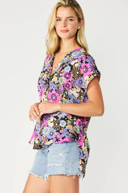 ST3611-E - FLORAL PRINT HI-LOW V NECK RELAXED FIT TOP