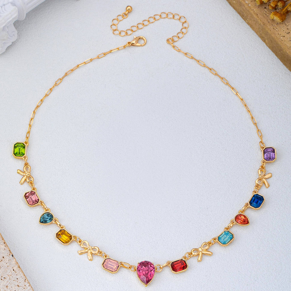 Multi color Teardrop Square Crystal Bow Necklace | 80N93253