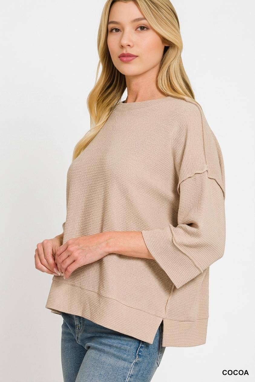 Double Knit 3/4 Sleeve Top w/ Exposed Seams - Zenana