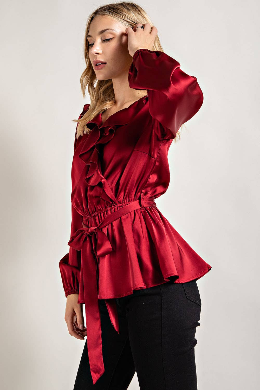 IT3416 - RUFFLED SATIN TOP WITH SELF TIE BELT