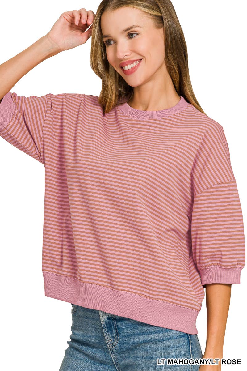 Striped Contrast Trim Banded Bottom Top - Zenana