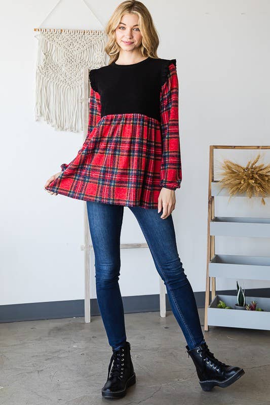 ET6757-13 SOLID AND MULTI COLOR PLAID BABYDOLL TOP