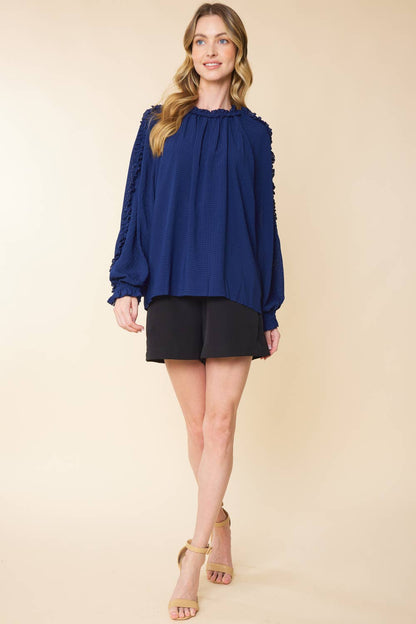 IT3464 - BURNOUT GINGHAM RUFFLED LONG SLEEVES TOP