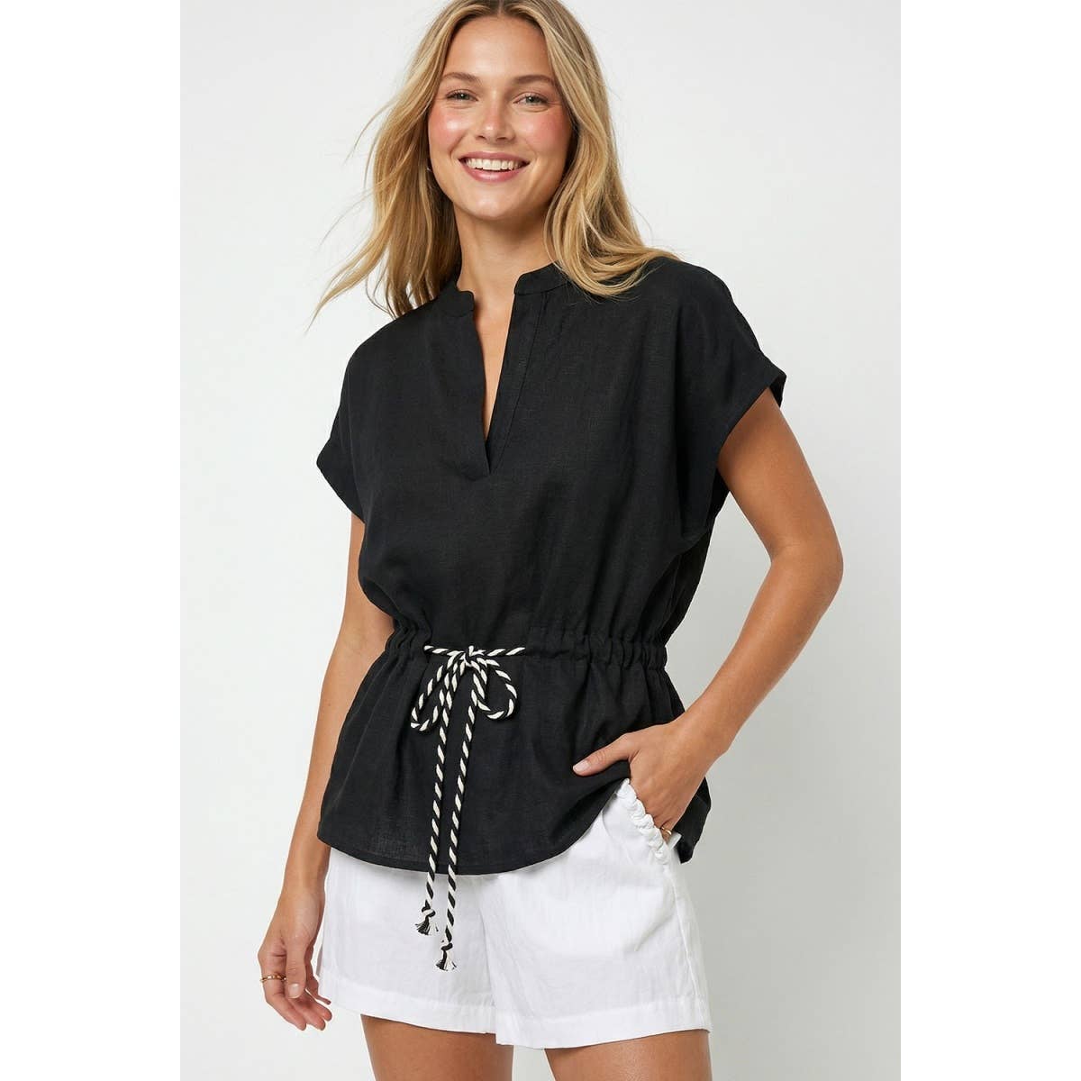 Linen Rope Tie Waist Blouse