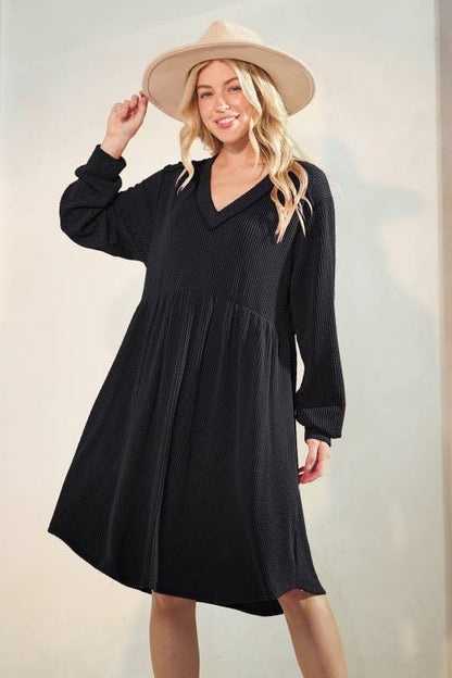 ED6869-10 LONG PUFF SLEEVE SOLID URBAN RIB BABY DOLL DRESS
: CHARCOAL / 2-2-2 (1X-2X-3X)