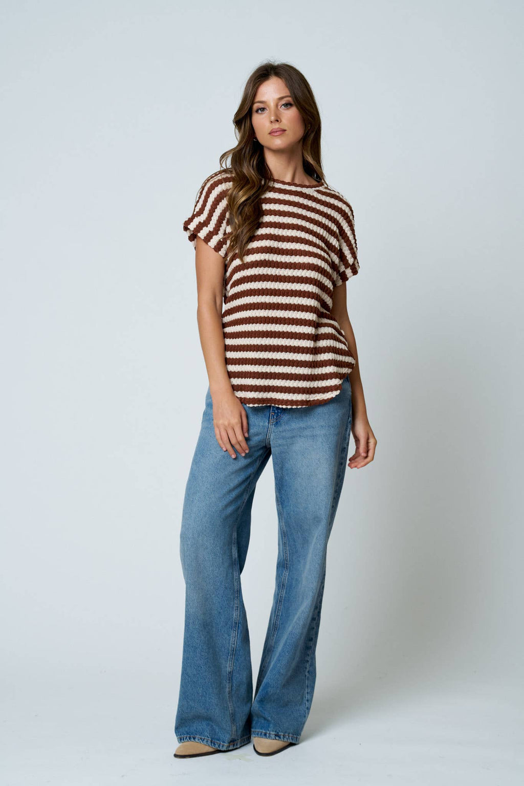 TEXTURED STRIPE ROUND NECK DOLMAN SLEEVE KNIT TOP
