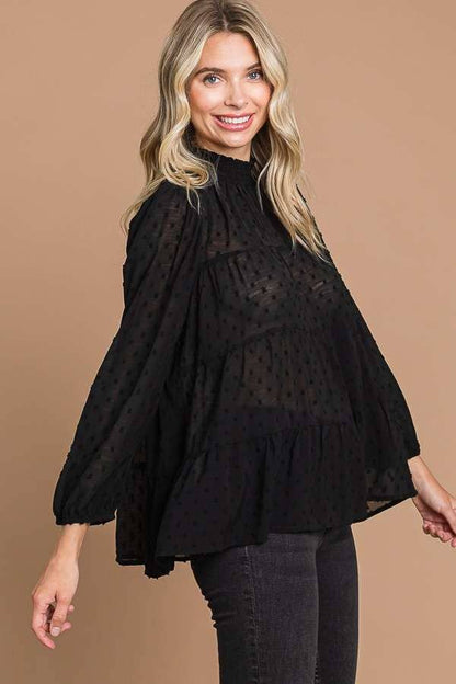 CWT1887Q - SMOCK NECK TIERED 3/4 SLEEVE TOP