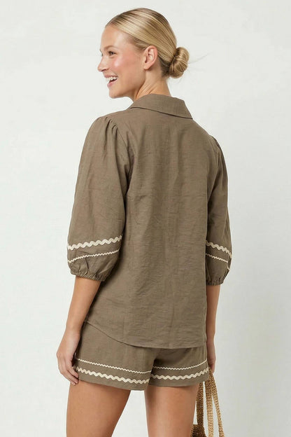 Contrast Trim Puff Sleeve Linen Blouse