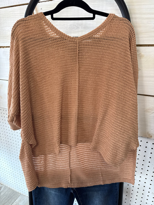 3/4 SLEEVE V-NECK HI-LOW HEM JACQUARD SWEATER