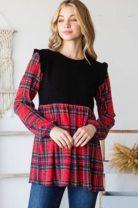 ET6757-13 SOLID AND MULTI COLOR PLAID BABYDOLL TOP