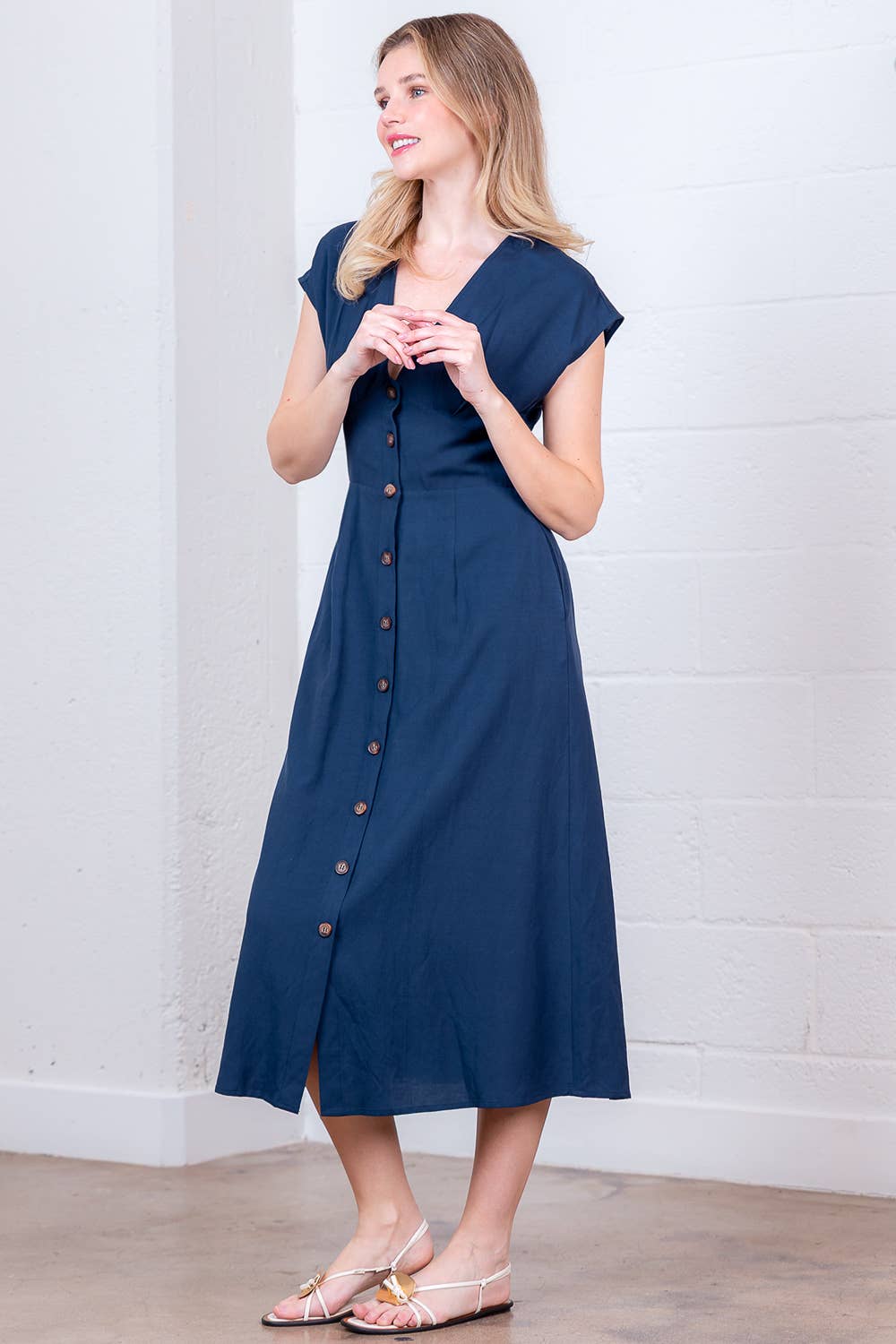 PD20378T-LINEN PLUNGE BUTTON DOWN  A-LINE MIDI DRESS