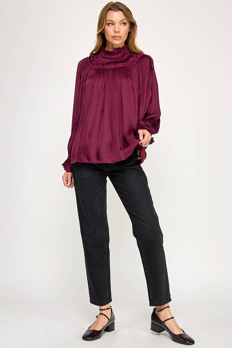 IT3477 - RUFFLED LONG SLEEVES SATIN TOP