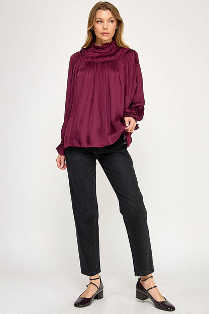 IT3477 - RUFFLED LONG SLEEVES SATIN TOP